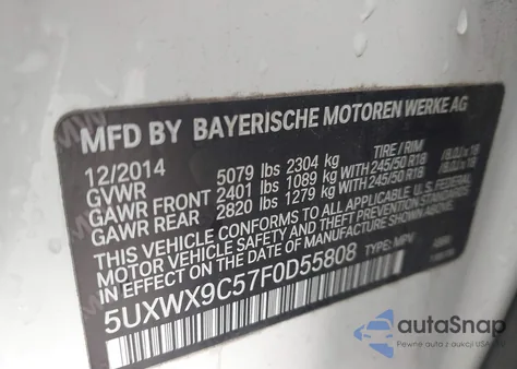 2015 BMW X3 xDrive28I из США, поврежденный, VIN 5UXWX9C57F0D55808
